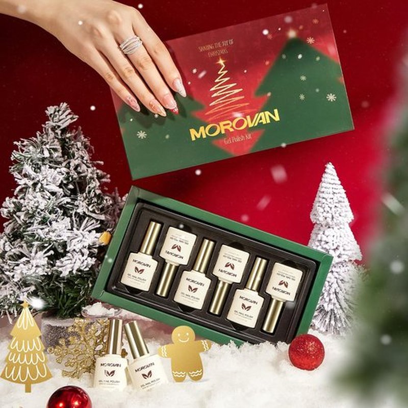 Morovan Gel Nail Polish Set: 6 Christmas Colors Red Sparkle Green Glitter Gold Silver Long-lasting Soak Off Nail Lamp Uv LED Cured Gel Polish Kit for Women Home Salon with Christmas Gift Box