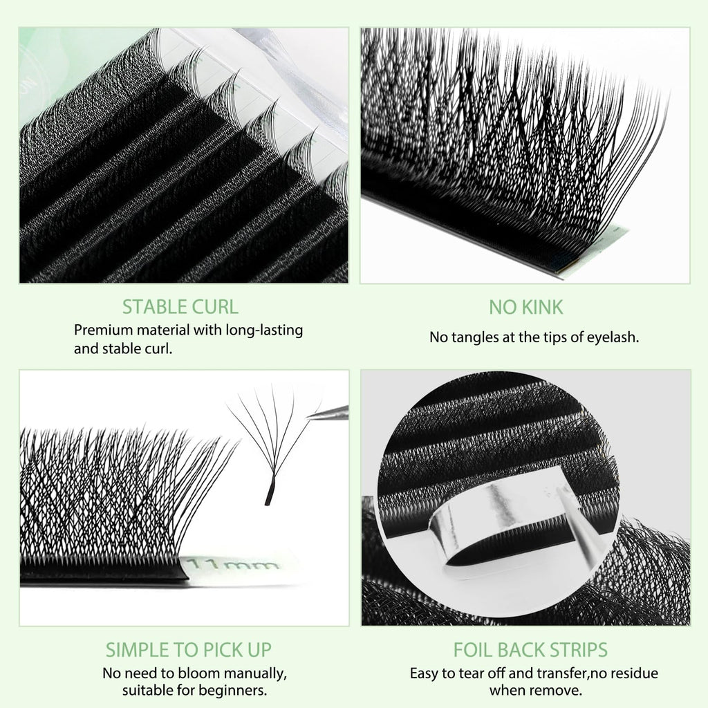 NATUHANA Eyelash Extensions 0.07 D Curl 8-14mm W Shaped Clover Classic Easy Fan Permanent Volume Lash Extensions Automatic Blooming Flower Lash,Professional Supplies for Lash Techs(6D,0.07-D,8-14 Mix)