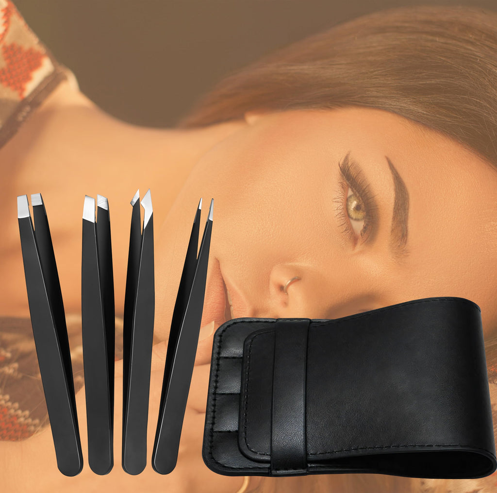 4-Piece Tweezers Set for Eyebrows & Facial Hair, Black Travel Case