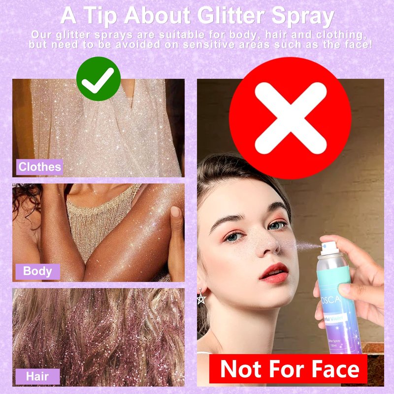 Yosca Body Glitter Spray, 80ML Holographic Silver Glitter Hairspray, Quick-Drying and Long-Lasting Shiny Glitter Spray for Body Hair Sparkling Makeup Festival Concert Party Clothes Rave Accessories