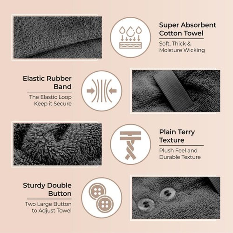 Lili&James 100% Cotton Hair Towel Wrap Quick Dry Super Absorbent Turban Head Wrap for Women/Kids/Men with Double Button, Anti Frizz, Hair Cap for Curly, Long & Thick Hair (Dark Grey)