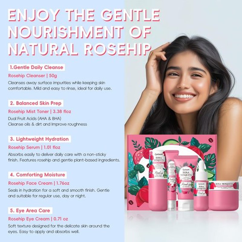 QUIYUM Skin Care Set, with Natural Rosehip Oil, Vit-C & E Skincare Kits 5 Pcs- Restore Skin Elasticity, Refine Texture, Even Tone, Moisturizing, Glowing, for All Skin Types, Mother's Day Birthday Gift
