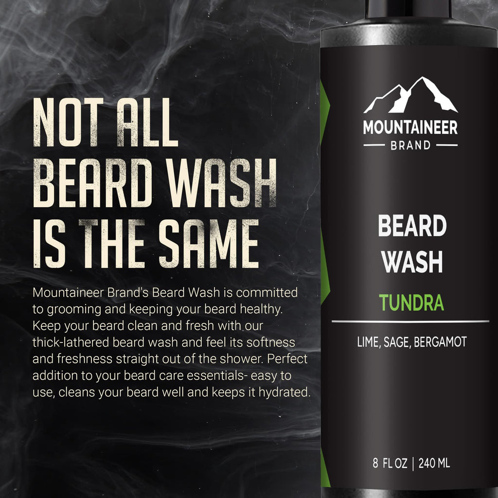 Mountaineer Brand Beard Wash For Men | 100% Natural Beard Shampoo | Thick Cleaning Softening Lather for Hair and Skin | Hydrate and Detangle | Grooming Treatment | Tundra Scent 8oz