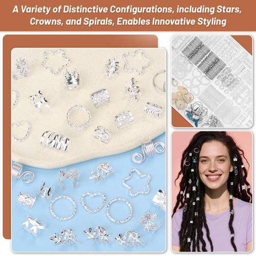 323 Pcs Silver Hair Jewelry for Braids, Dreadlocks, Twists and Locs, Adjustable Cuffs Rings and Charms Beads Accessories for Women Men, Perfect for Parties, Weddings, Festivals and Daily Wear