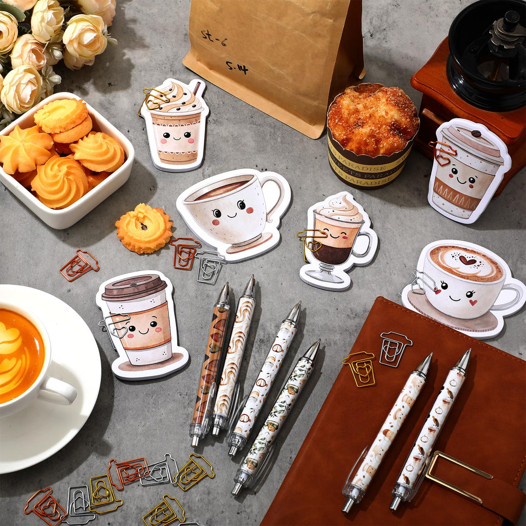 Gilprop 54 Pcs Coffee Theme Gifts 6 Pads Sticky Notes Memo Note 12 Cute Ballpoint Pens 36 Coffee Cup Shaped Paper Clips Bookmarks for Office Supplies Party Favor Coworker Employee Staff Team Gifts