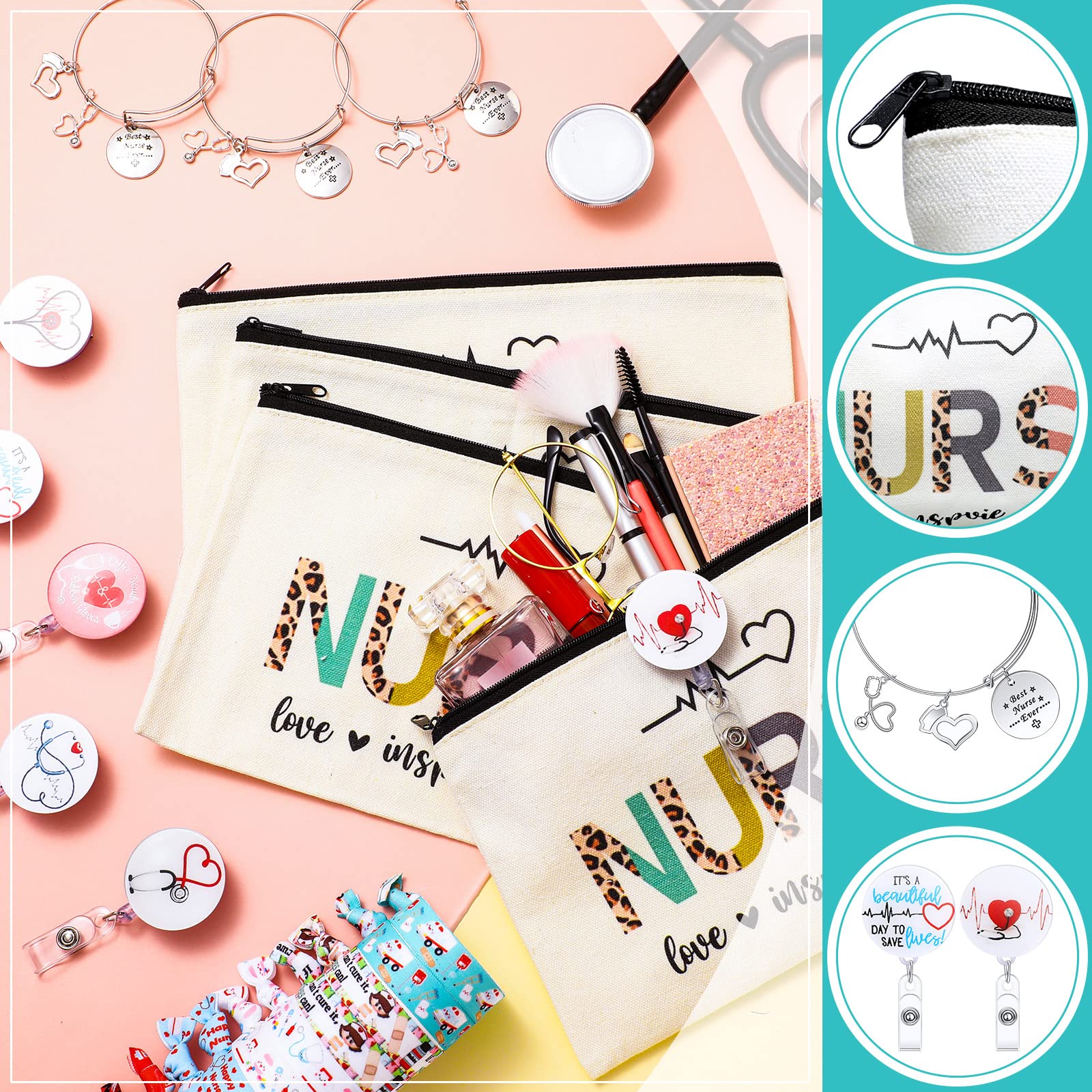 Pajean 38 Pcs Cna Week Gifts 2026 Bulk for Certified Nursing Assistant, Appreciation Gifts Set for Women Include Nurse Makeup Bags, Retractable Badge Reels, Hair Ties, Bracelets for Cna Emt Graduation