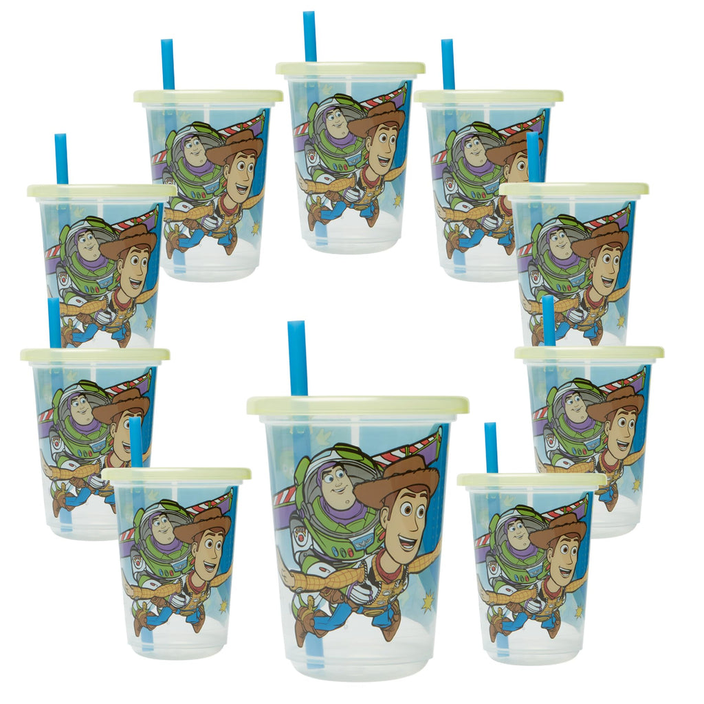 The First Years Take & Toss Toy Story Straw Cups - Spill-Proof Kids Cups with Snap-On Lids and Straws - Portable and Dishwasher Safe - 10 Oz - 10 Count - Ages 18 Months and Up