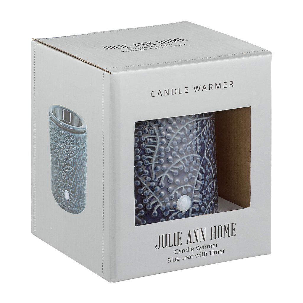 JULIE ANN HOME Blue Leaf Ceramic Candle Warmer Electric with Safety Timer | Automatic Plug in Fragrance Warmer for Scented Wax Melts, Cubes, Tarts | Air Freshener Set for Home decor, Office,&Gifts
