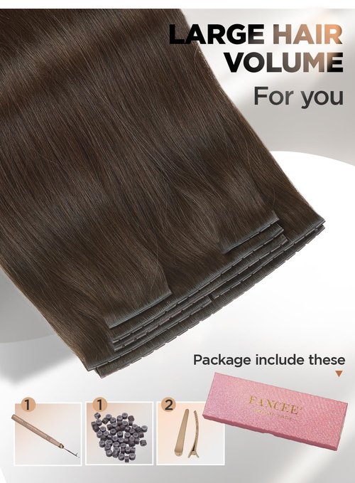 FANCEE Butterfly Genius OVO Weft - Simulated Scalp Human Hair Extensions, Double Invisible Weft with Micro Bead, 100% Remy Human Hair, 14 Inch Brown, 100g (7 Pieces)