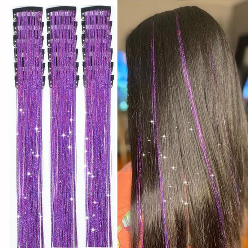 18pcs Hair Tinsel Clip in Hair Tinsel Kit Glitter Tinsel Hair Extensions 20Inch Sparkling Fairy Hair Tinsel Shiny Hair Accessories for Women Girls Kids (Purple)