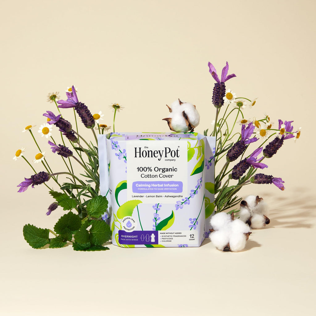 Honey Pot Calming Overnight Sanitary Pads for Women - 100% Organic Cotton Top Sheet - Feminine Care - Non Cooling - Calming Herbs of Lavender, Ashwagandha, & Lemon Balm - 12ct