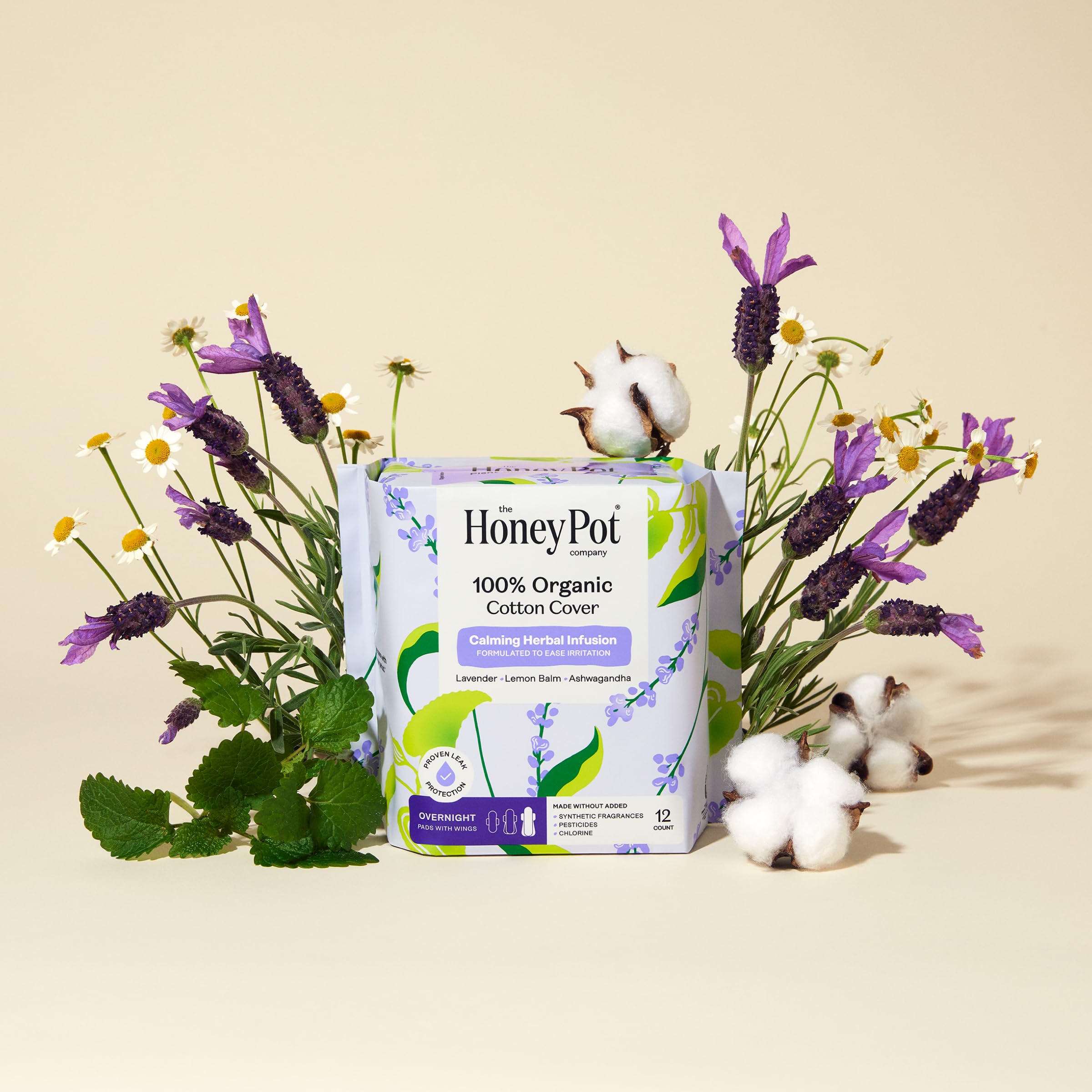 Honey Pot Calming Overnight Sanitary Pads for Women - 100% Organic Cotton Top Sheet - Feminine Care - Non Cooling - Calming Herbs of Lavender, Ashwagandha, & Lemon Balm - 12ct