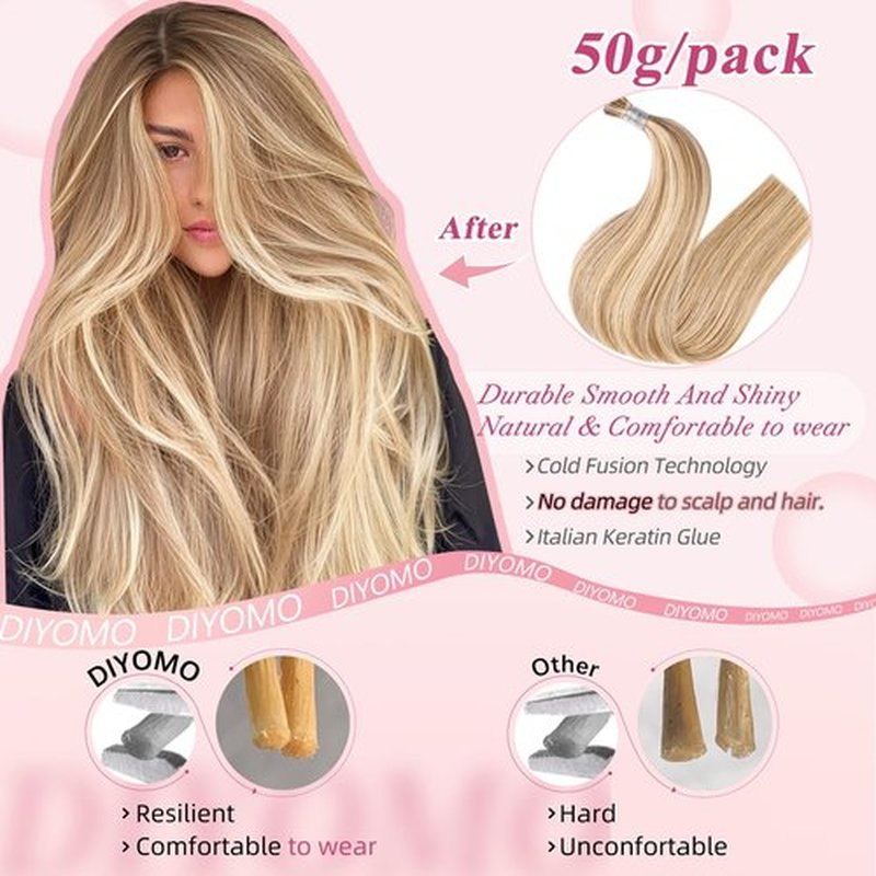 DIYOMO I Tip Hair Extensions - Human Hair,Ash Brown Highlighted Bleach Blonde 20 Inch For Women Soft & Natural Itip Human Hair Extensions 50g 60s