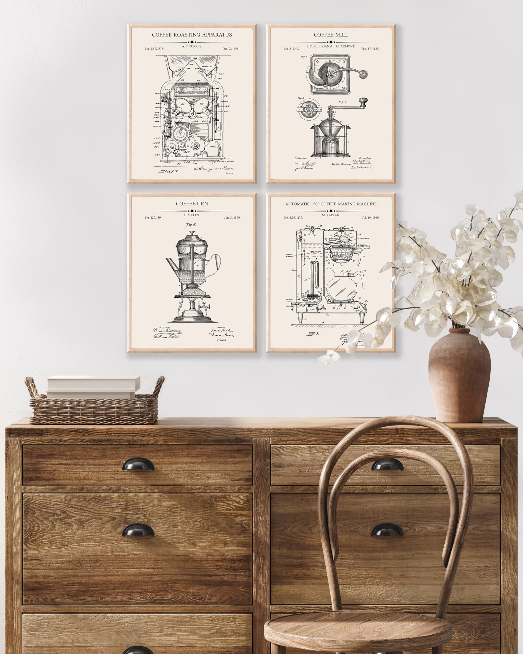 Monem Art 4-Piece Coffee Blueprint Poster - Roaster Patent Print - Coffee Mill Making Machine & Pot Art - Cafe Wall Decor - 8x10 UNFRAMED Wall Art