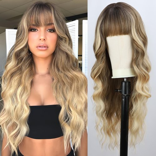 BOGSEA Ombre Blonde Wig with Bangs Long Blonde Wig for Women 26 Inch Synthetic Heat Resistant Fiber Wigs for Daily Party