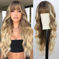 BOGSEA Ombre Blonde Wig with Bangs Long Blonde Wig for Women 26 Inch Synthetic Heat Resistant Fiber Wigs for Daily Party