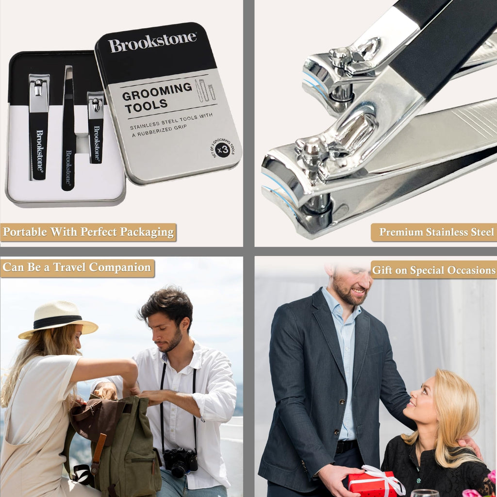 Brookstone Nail Clippers Set - Premium Stainless Steel Nail Clipper and Nail Cutter with Rubberized Non-Slip Grip, Includes Case and Tweezer, Two Nail Clippers for Precision Grooming