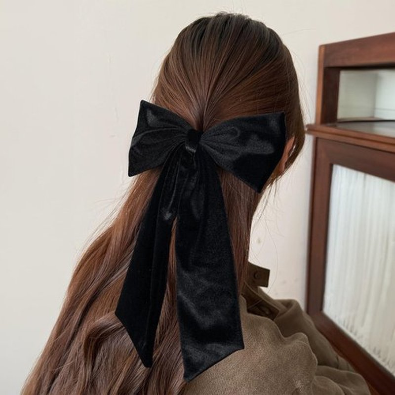 6.5 Inch Velvet Hair Bow Clip Classic Bowknot Ponytail Holder Long Velvet Ribbon Barrette Hair Accessories for Women Girls, Black