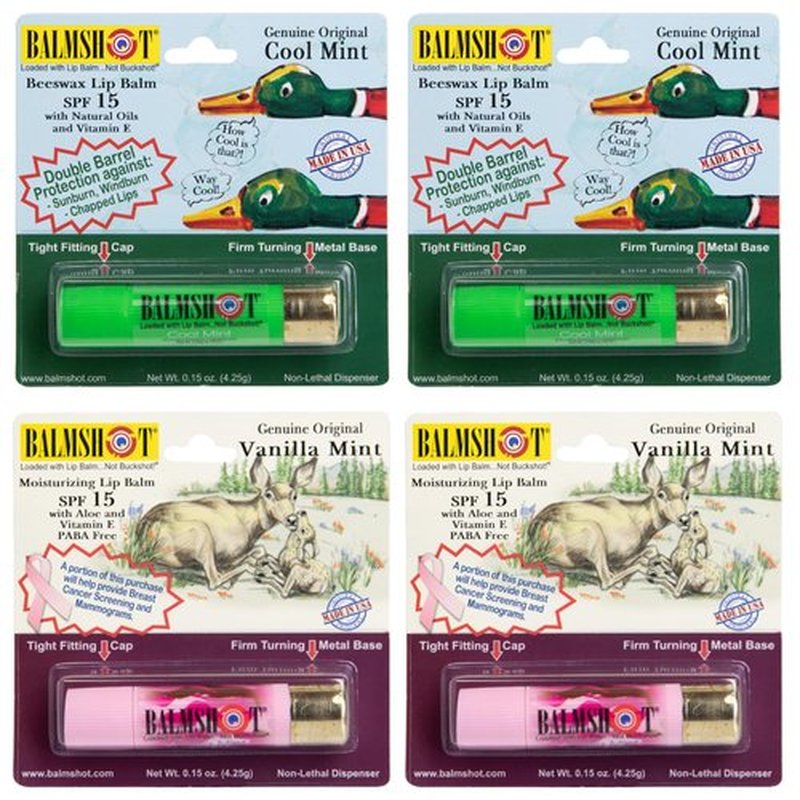 BALMSHOT Lip Balm 4-Pack - Minty Combo Variety Pack - (2) Cool Mint & (2) Vanilla Mint - SPF 15 Beeswax Chapstick Formula, 20-Gauge Brass Shotgun Shell Tube, Heat Resistant, Made in USA