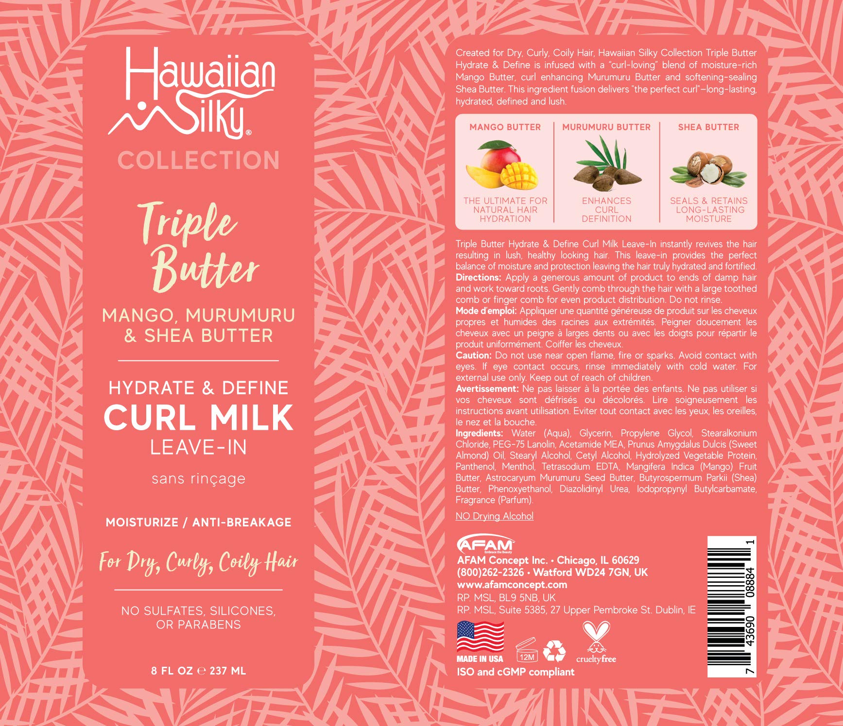Hawaiian Silky Mango and Murumuru Butter Leave-In Curl Milk, 8 fl oz with Shea Butter for Moisture & Anti-Breakage | No Sulfate, Silicones or Parabens | Hawaiian Silky Triple Butter Collection