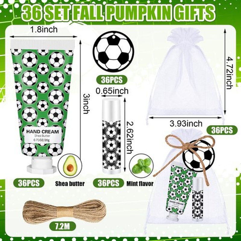 Heigble 36 Sets Soccer Lip Balm Hand Cream Set soccer Party Favors, Include 36 Lip Balm 36 Moisturizing Hand Cream 36 Bags 36 Cards and Ropes for Soccer Accessories Gifts