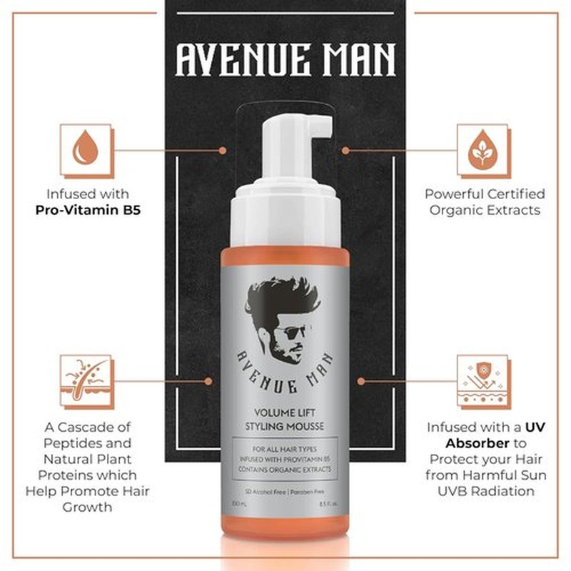 Avenue Man Volume Lift Mousse - 5.07 oz Hair Foam with Argan Oil & Silk Protein for Thickness | Alcohol & Paraben Free