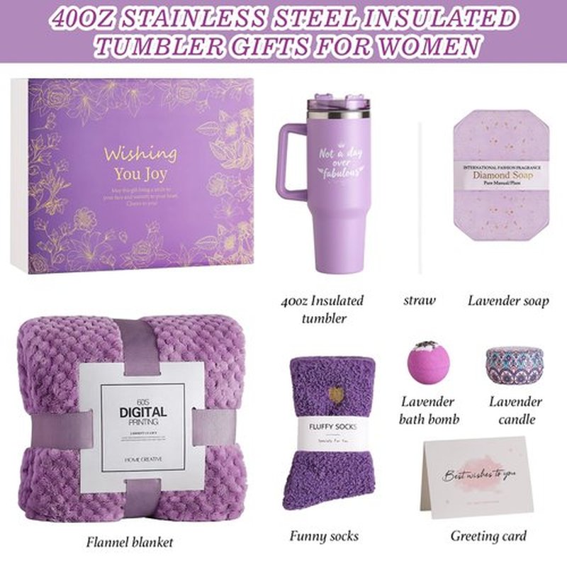 Birthday Gifts for Women, Self Care & Get Well Soon Gift Baskets, Lavender Relaxing Spa Care Package with 40oz Tumbler & Flannel Blanket, Encouragement Thinking of You Gifts for Her, Girl, Mom, Friend