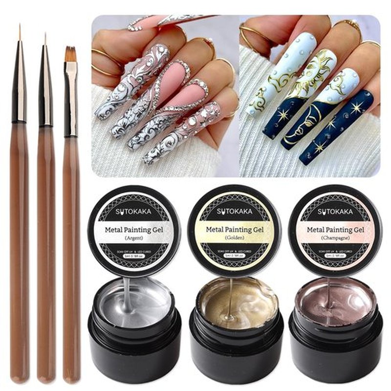 SUTOKAKA 3pcs Metallic Gel Nail Polish Set, Silver Gold Champagne Metal Painting Gel Mirror Chrome 3D Effect Glossy Soak off UV/LED Nail Glue for Home Salon DIY