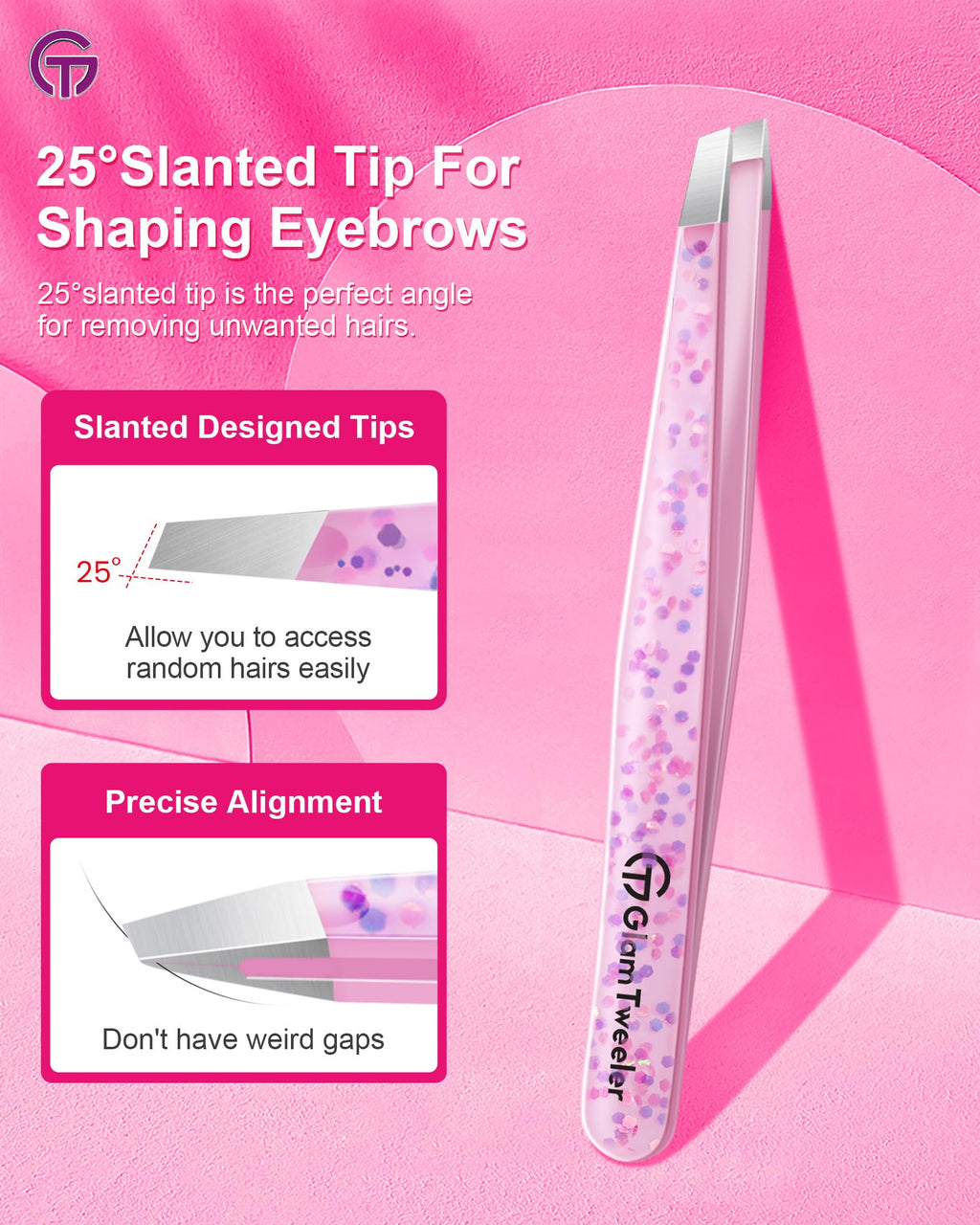 Expert Eyebrow Hair Removal Tweezer with Leather Case, GlamTweeler High Precision Slant Tip Stainless Steel Tweezers for Men and Women (Cherry Blossom Pink)
