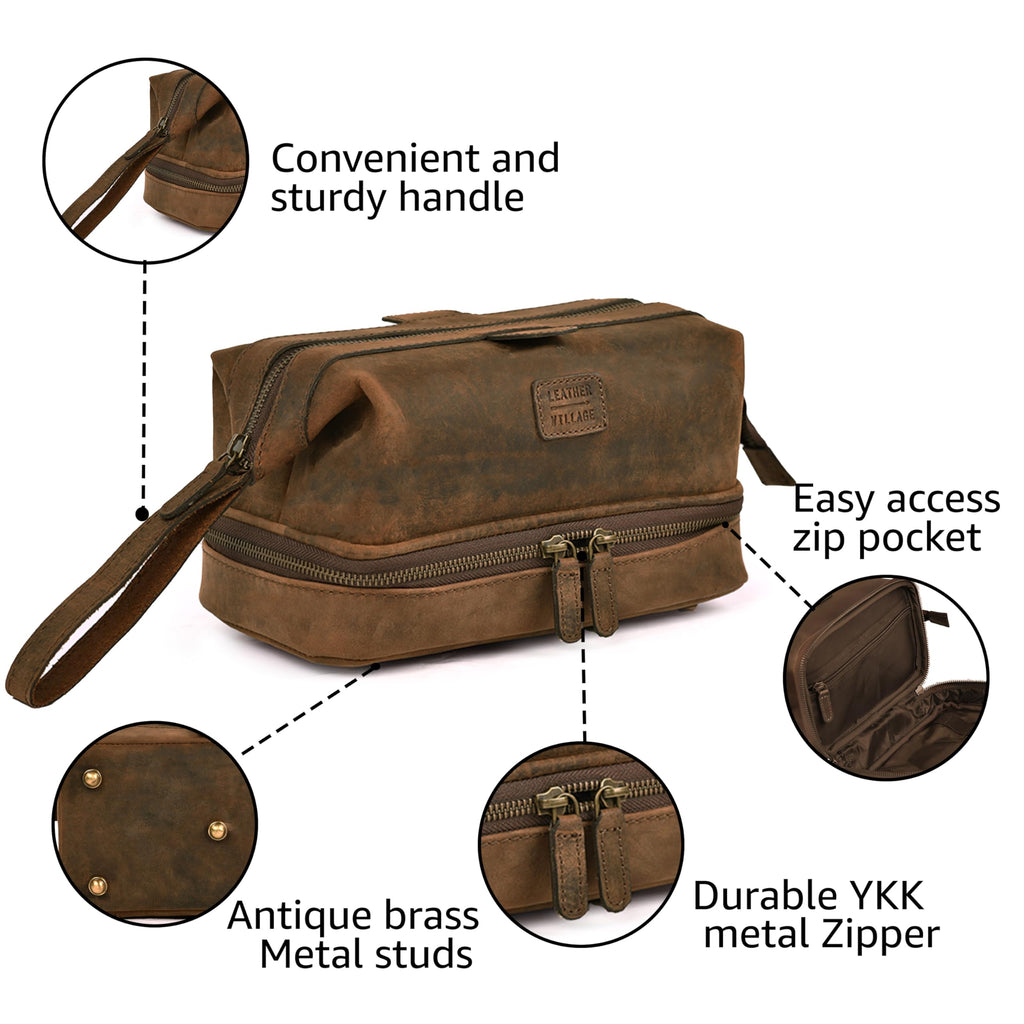 LEATHER VILLAGE Genuine Leather Dopp Kit – Large Travel Toiletry Bag with Waterproof Lining, Dual-Zip Design for Men & Women, Organizer for Shaving, Makeup & Essentials - Brown