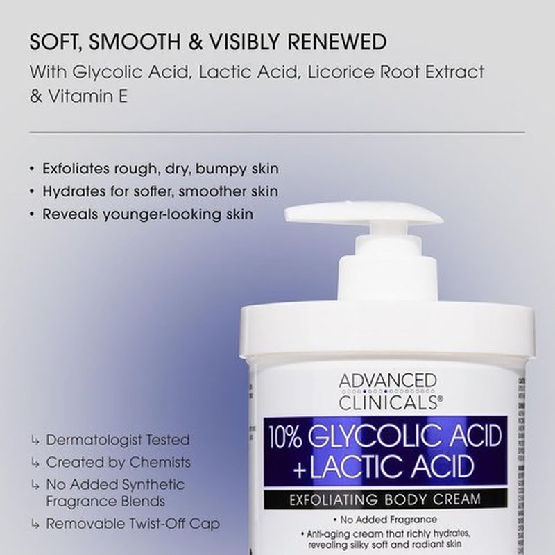 Advanced Clinicals 10% Glycolic Acid Lotion - Exfoliating Moisturizer with Hyaluronic Acid | 16 Oz for Smooth, Even Skin