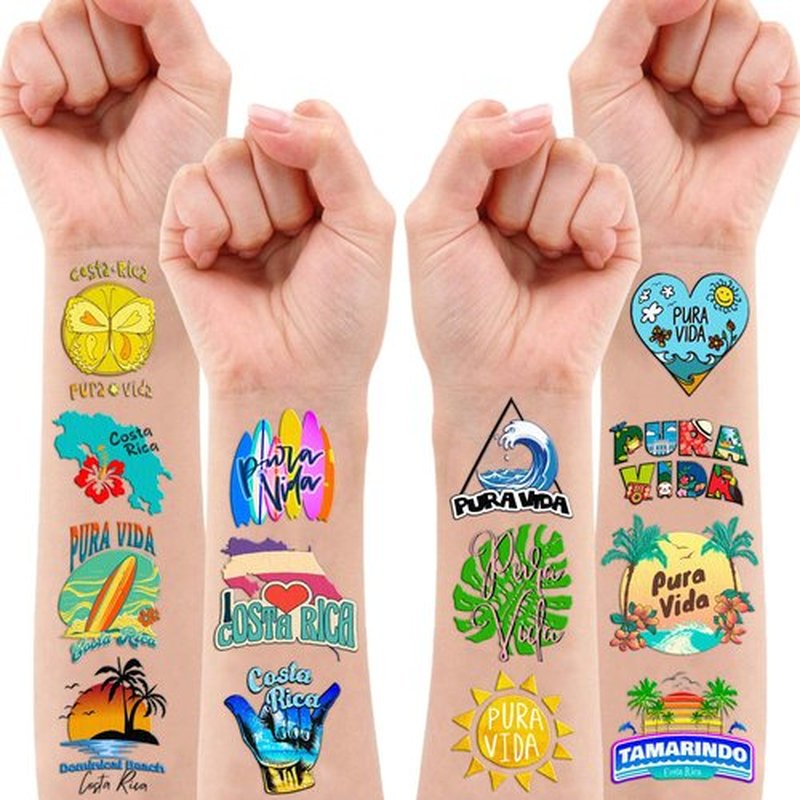 100PCS Costa Rica Pura Vida Temporary Tattoos Birthday Party Decorations Favors Supplies Summer Tropical Beach Tattoo Stickers Gifts For Kids Boys Girls School Rewards Prizes Carnival