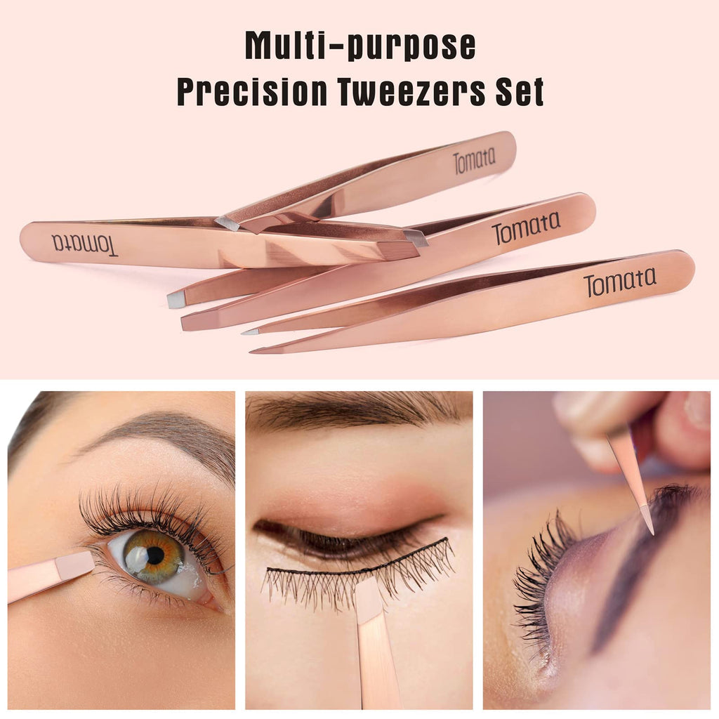 TomataTweezers for Eyebrows, Slant Tip and Pointed Eyebrow Tweezer Set Great Precision for Eyebrows Facial Hair, Ingrown Hair, Splinter, Blackhead and Tick Remover (4-piece)