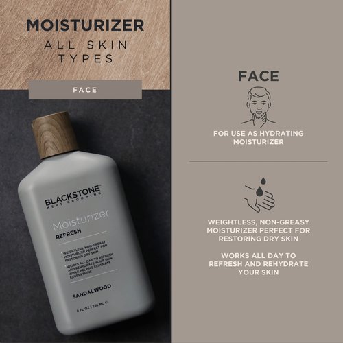 Blackstone Men's Grooming Refresh Facial Moisturizer with Vitamin E, Peppermint & Hyaluronic Acid - Lightweight & Non-Greasy | Restores Dry Skin, Paraben Free, Sandalwood (8 oz)