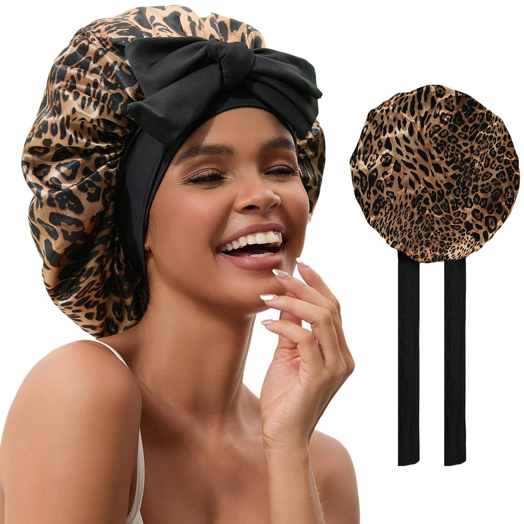 YOHTAS Satin Hair Bonnet for Sleeping Women, Double Layer Silk Bonnets for Women with Tie Band, for Braids Curly Long Hair