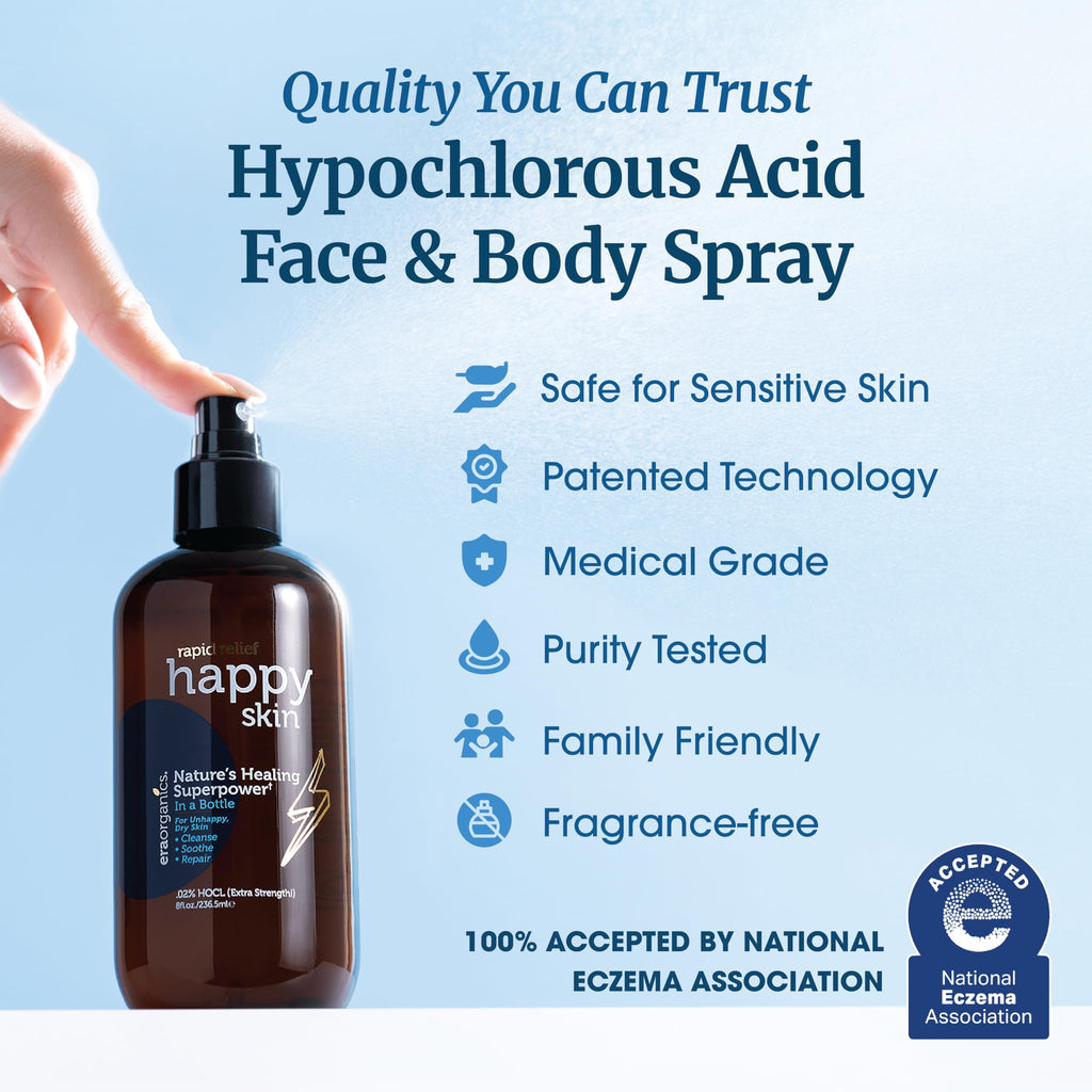 Happy Skin .02% Hypochlorous Acid Spray Toner– Extra Strength, Extra Gentle 100% Natural Toner & Skin Cleanser for Face & Body– Soothe, Hydrate & Repair Dry, Sensitive Skin– pH Balanced, Non-Toxic 8oz