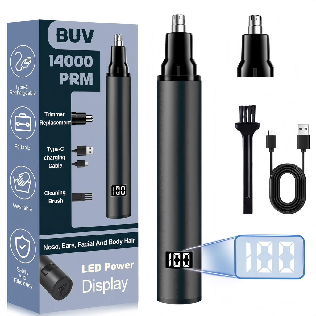 BUV Nose Hair Trimmer for Men with LED Display- 2026 Professional Painless Ear Hair Trimmers for Women, USB Rechargeable Nose Hair Trimmer Clipper – 14,000 RPM IPX7 Waterproof Dual Edge Blades, Black