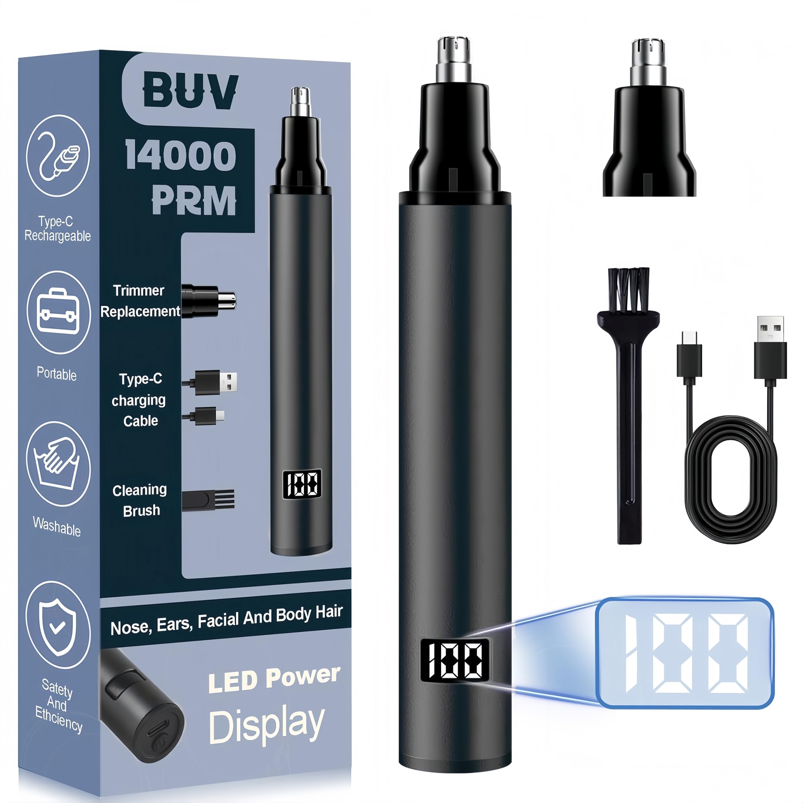 BUV Nose Hair Trimmer for Men with LED Display- 2026 Professional Painless Ear Hair Trimmers for Women, USB Rechargeable Nose Hair Trimmer Clipper – 14,000 RPM IPX7 Waterproof Dual Edge Blades, Black