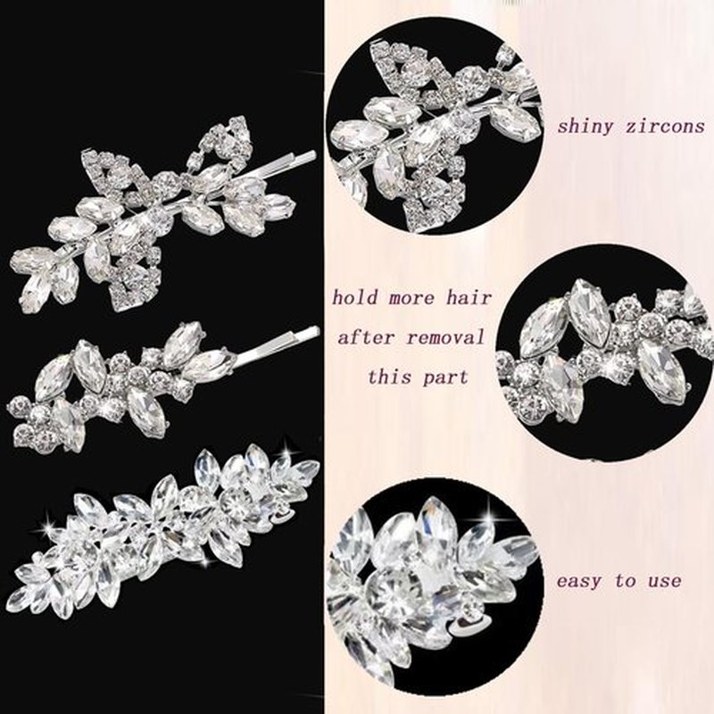 Fireach Hair Barrettes for Women Crystal Rhinestones Hair Clips for Thin Thick Hair Pins French Hair Accessories White Sparkly Wedding Hair Jewelry for Women
