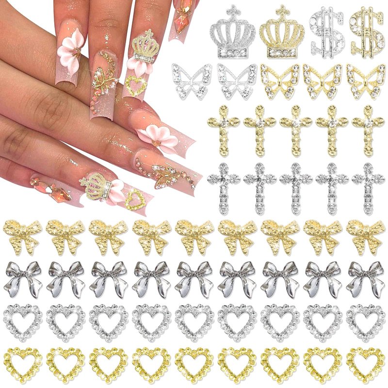 YAEISM 110PCS Gold Nail Charms 6 Types Silver Nail Charms 3D Butterfly Charms Shiny Dollar Sign Nail Charms Crystal Crown Nail Charms Alloy Heart Bow Nails for Nail Art and DIY Crafts Decoration