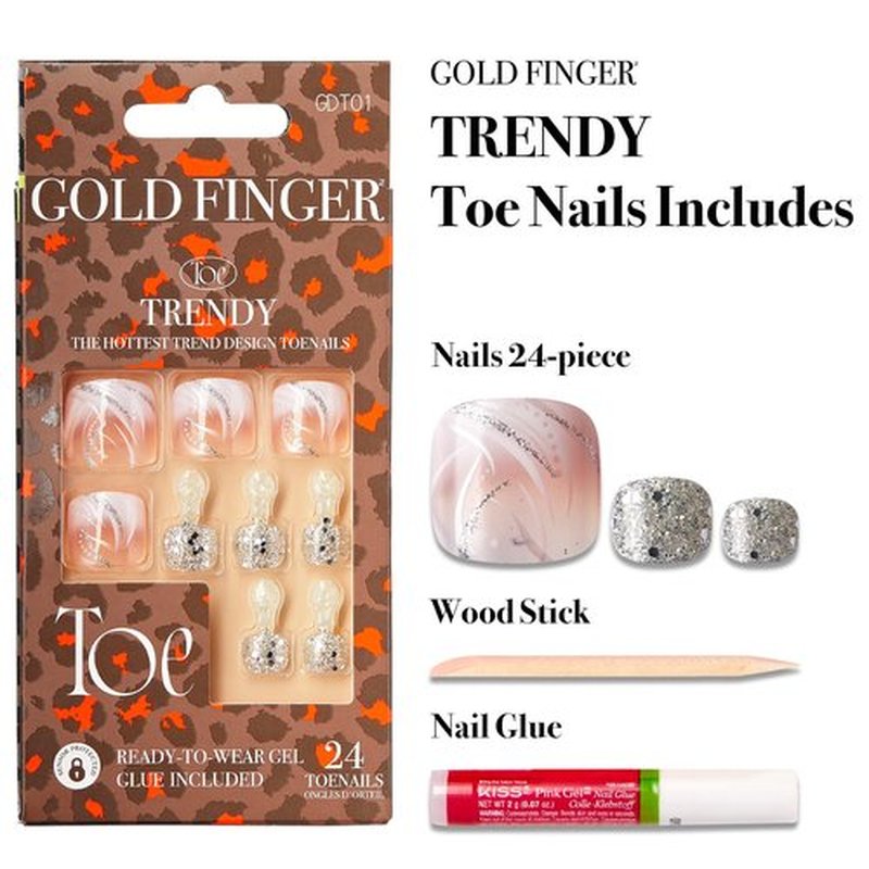 GoldFinger Press On Toenails Regular Fit White Glitter French Design, Squoval Shape, Long Lasting Nail Glue Included, Glue On Toe Nails (Perfect Match) for Beach, Vacation, Special Occasion