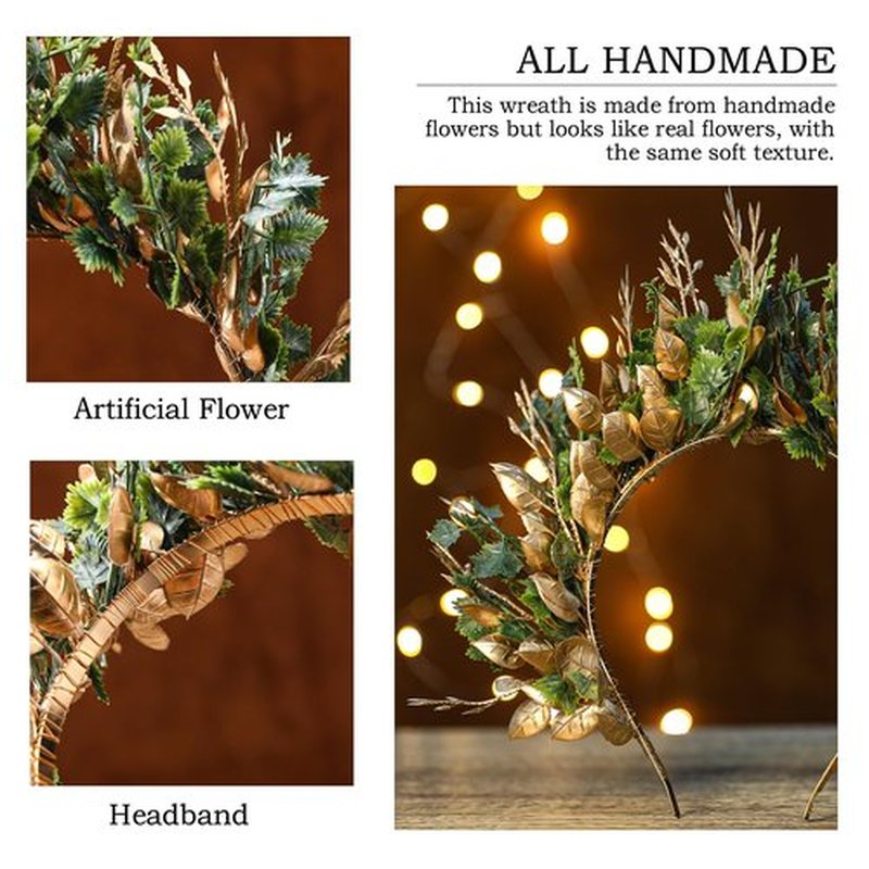 MOSTORY Handmade Woodland Halo Crown - Forest Headband Flower Hairband Goddess Floral Crown for Women s Cosplay Party Renaissance Carnival Wedding Photo Shoot Gold Green