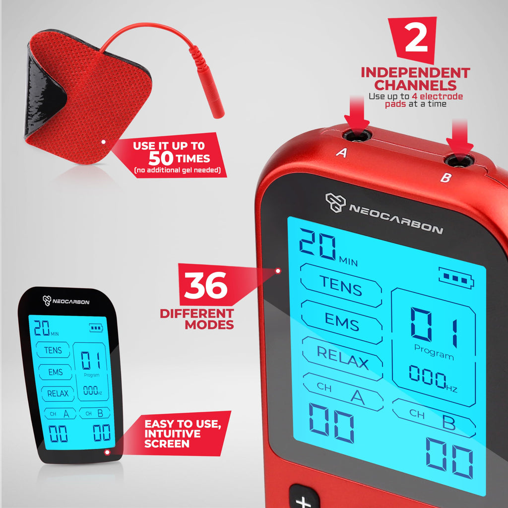 NEOCARBON TENS Unit Muscle Stimulator Pro for Back Pain Relief, Shoulder Recovery and Physical Therapy, Electronic Massager Machine with PMS Pulse for Effective Shock Therapy, Red