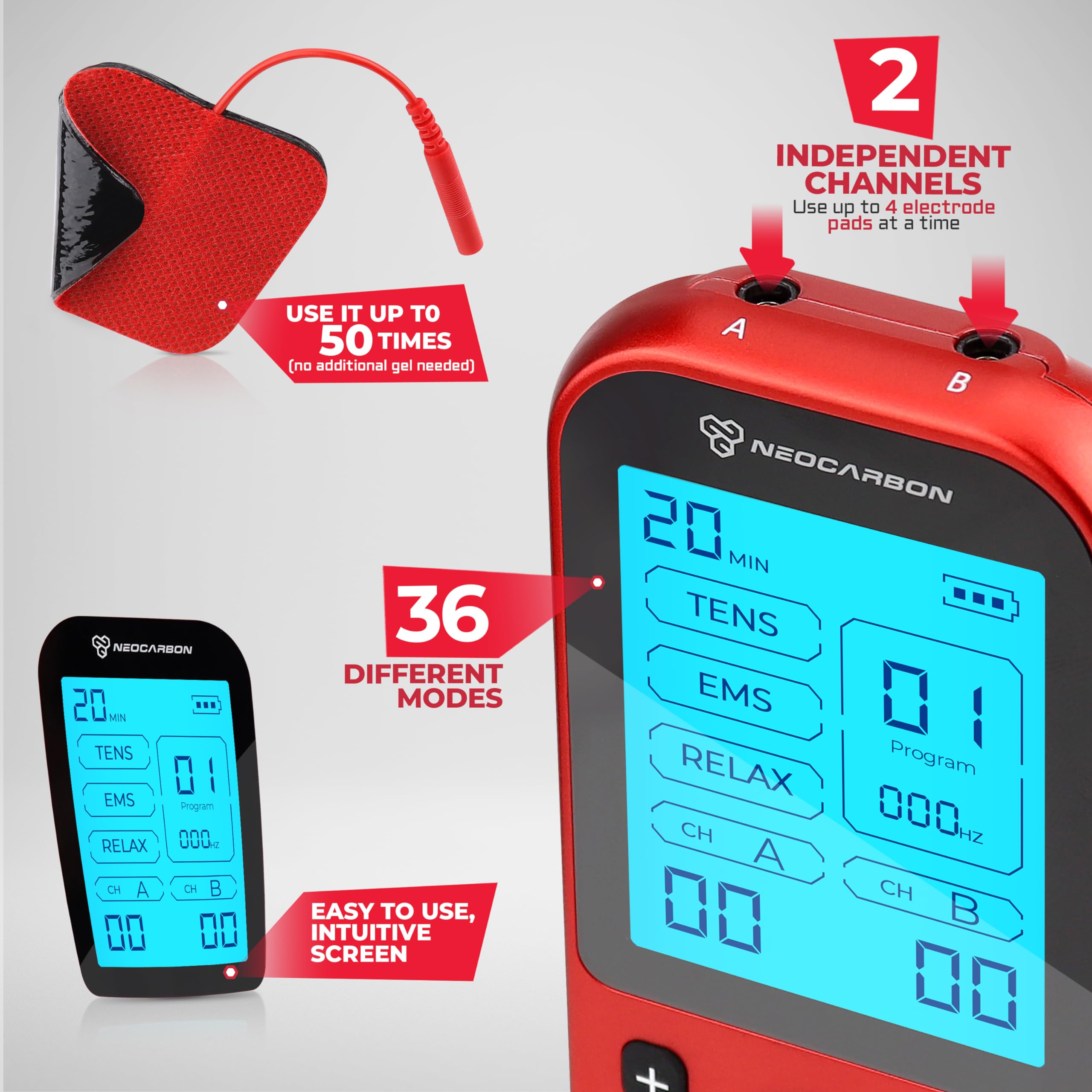 NEOCARBON TENS Unit Muscle Stimulator Pro for Back Pain Relief, Shoulder Recovery and Physical Therapy, Electronic Massager Machine with PMS Pulse for Effective Shock Therapy, Red