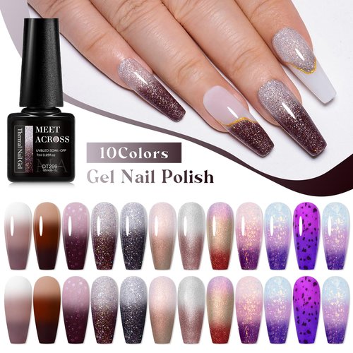 MEET ACROSS Color Changing Gel Nail Polish Set, 12 PCS Shimmer Glitter Mood Temperature Change Colors Kit, Black Brown Gray Purple UV Thermal Manicure Gel Gift