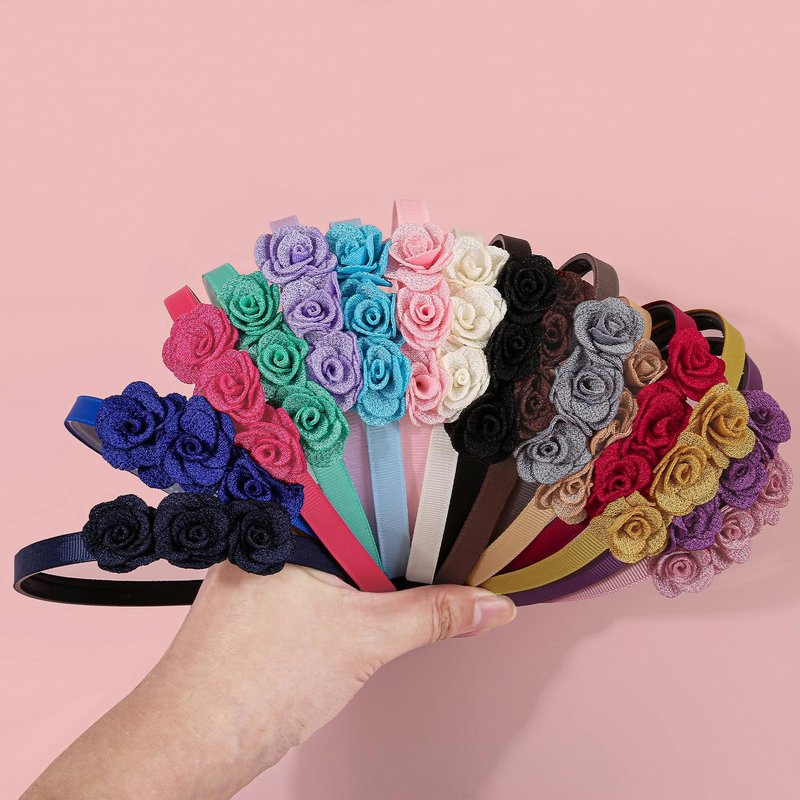 XIMA 16pcs Small Rose Flower Headbands for Girls Toddlers Kids Teens Children and Women,Girls Hair Bands Made of 3pcs Fabric Rose Flower for Hair Accessories