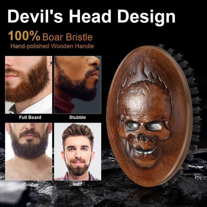Eagle Fortress Boar Bristle Hair Brush for Men Hair Care - Beard Brush, Mustache Brush with Skull on Wooden Handle, Grooming & Styling Tool for Men, Travel Size