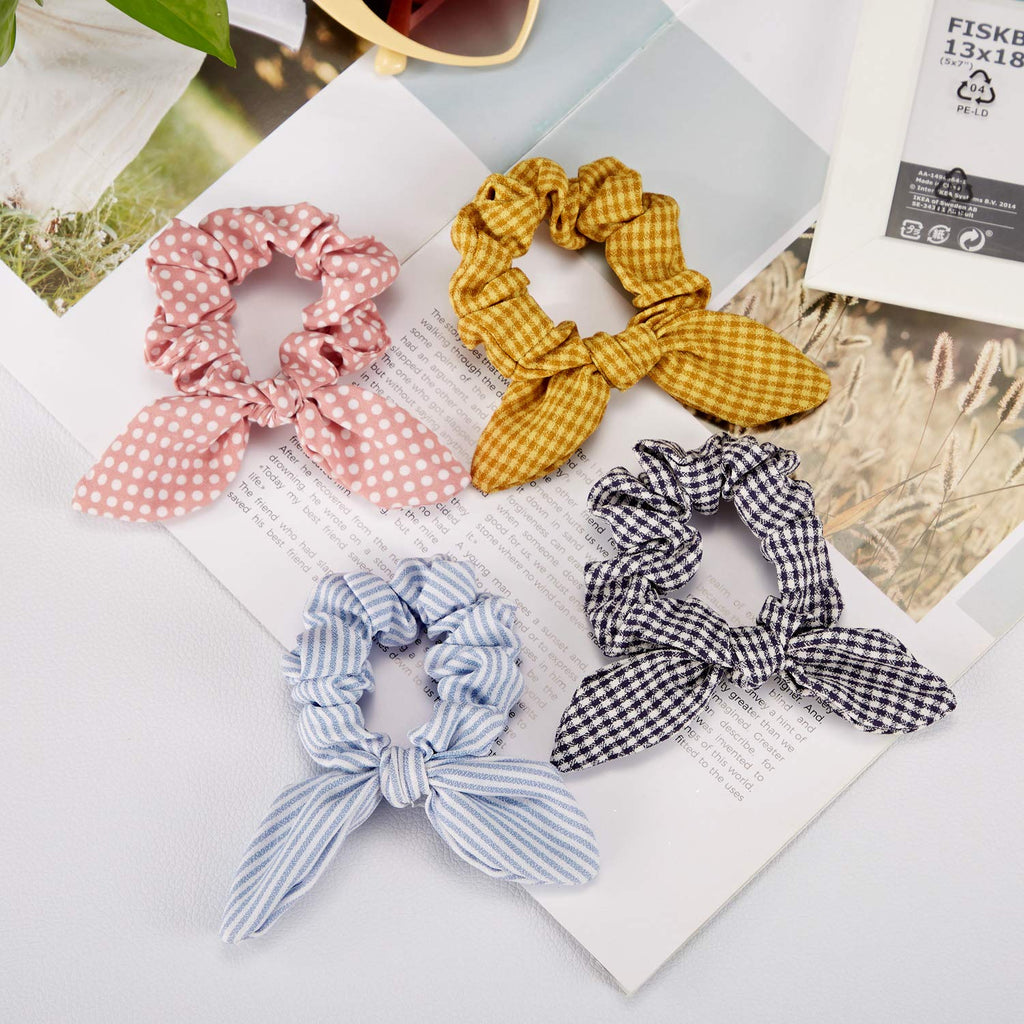 Yaomiao 12 Pieces Bow Hair Scrunchies Bunny Ear Scrunchies for Bow Silk Bowknot Bobbles Elastic Hair Ties Ropes Ponytail Holder for Women(Wave Point)