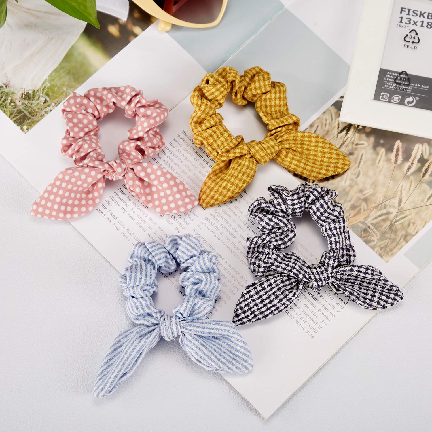 Yaomiao 12 Pieces Bow Hair Scrunchies Bunny Ear Scrunchies for Bow Silk Bowknot Bobbles Elastic Hair Ties Ropes Ponytail Holder for Women(Wave Point)