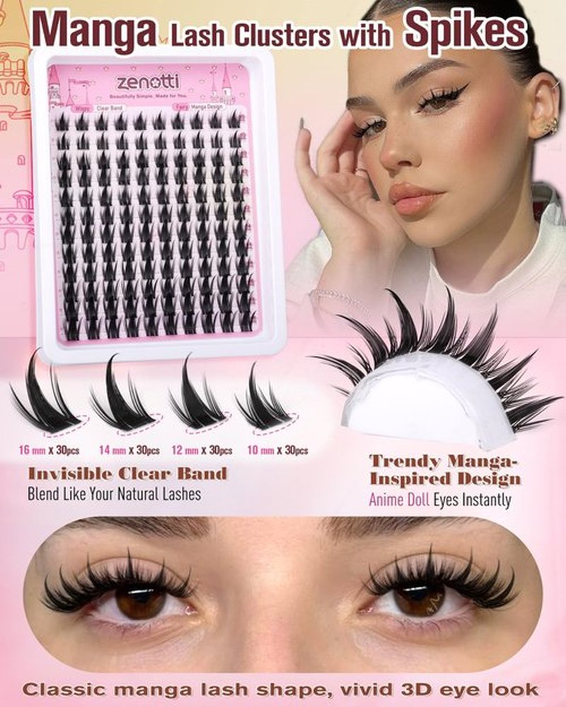 Manga Lash Clusters with Spikes Anime Lashes Cluster Natural Cluster Eyelash Extensions Wispy Spiky Fairy Individual Lashes Invisible Clear Band DIY Lash Extensions 10-16MM 120PCS by zenotti